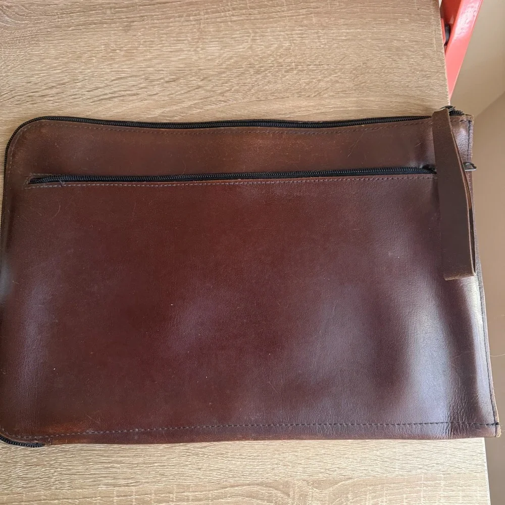Vintage Leather Brown Zip Document Case Laptop Sleeve Solid Pattern  Double Zip